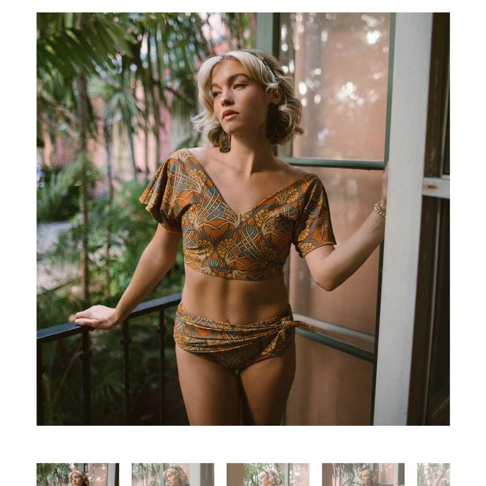 Albion golden Hour cape swim top and Simone bottoms